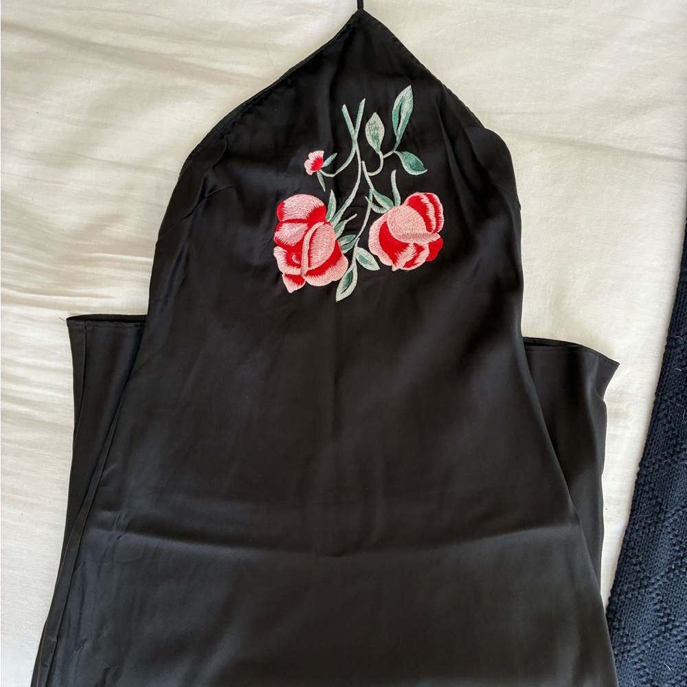 Réalisation Par Electra Black Dress with Red and Green Floral Detail